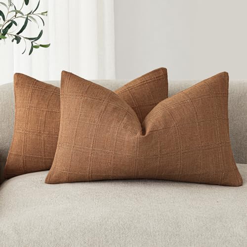 Image of Foindtower Set of 2 Decorative Linen Check Throw Pillow Covers Neutral Farmhouse Lumbar Cushion Covers Modern Boho Home Decor for Sofa Chair Couch Bedroom Living Room,12x24 Inch,Orange