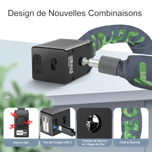 Antivol alarme vélo 110dB rechargeable USB C avec télécommande - 6