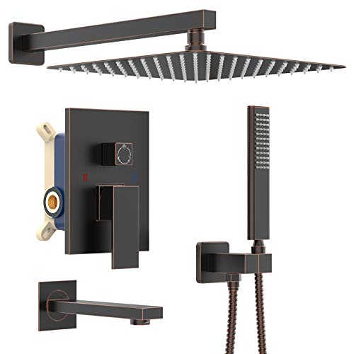 Get Popular Offer Iriber Shower System with Waterfall Tub Spout 3-Function Square Shower Faucet Set Shower Trim Kit with 12 Inch Rain Shower Head and Handheld, Oil Rubbed Bronze