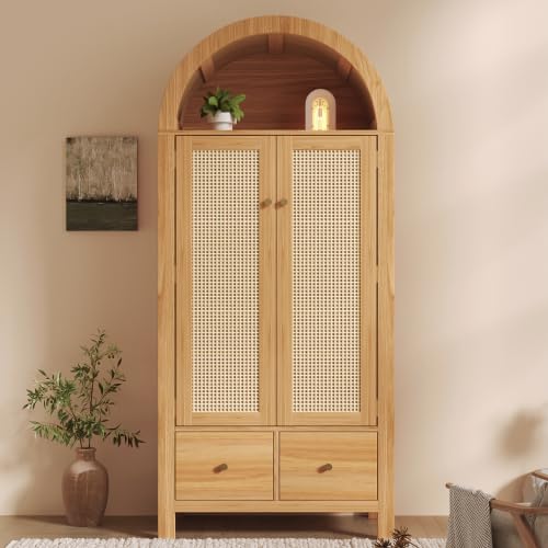 Merax Armadio in stile rustico in rovere 181 x 78 x 45 cm, armadio vintage in legno con rattan, 2 ante e 2 cassetti, ripiano semicircolare aperto, asta appendiabiti
