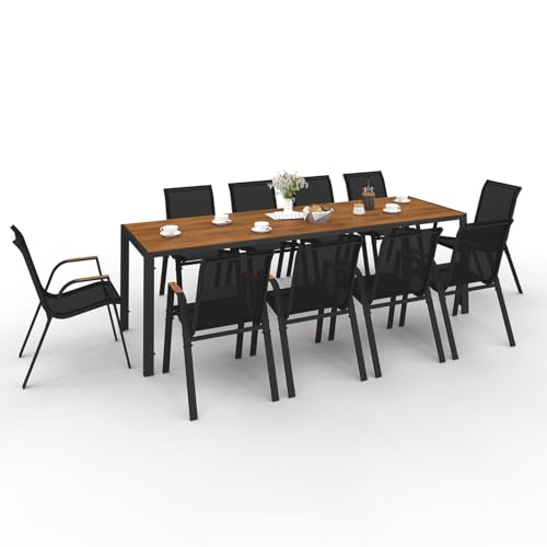 IDMarket - Salon de Jardin NOUMEA Table 240 cm Plateau Verre trempé Effet Bois et 10 chaises empilables Noir et Bois