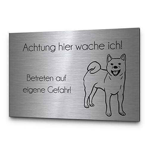 Vorsicht Hund Achtung Hund Hundeschilder Hinweisschilder Edelstahl | Verschiedene Hunderassen zB Dackel Schäferhund Chihuahua | Robuste Gravur - kein Druck… (Festes Design, Shiba Inu)