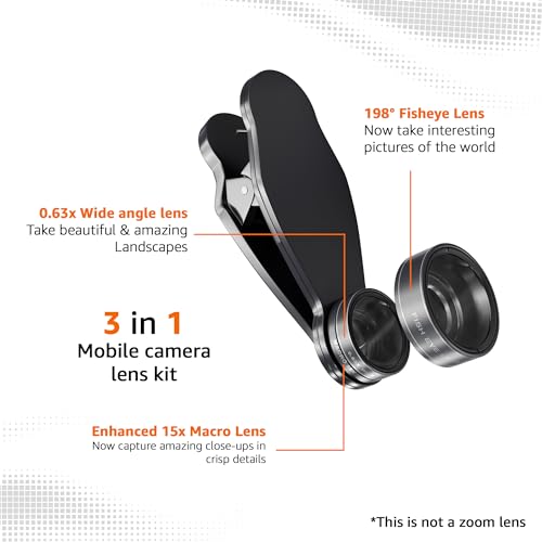 Image of Amazon Basics 3 in 1 Mobile Camera Lens Kit | Super Wide Angle Lens | 198 Fisheye |15X Macro Lens