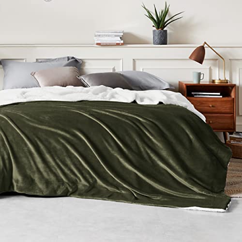 Image of Bedsure GentleSoft Sherpa Fleece Blanket Queen Size for Bed, Non-Heated, Thick and Warm Throw for Women and Men, Soft Fuzzy Plush Queen Blanket for Winter, Olive Green, 90x90 Inches