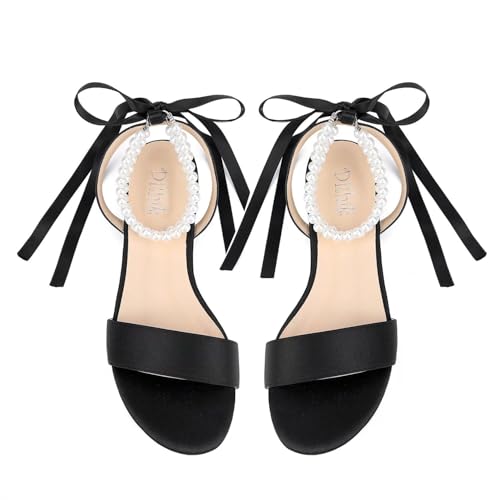 Image of Satin Wedding Flats for Bride Pearl Sandals Open Toe Bridal Shoes Flat Wedding Shoes for Bride