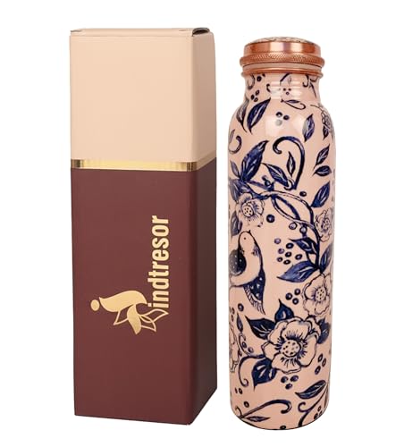 Image of Pure Copper Water Bottle - Handcrafted - Ayurveda health benefits - Large 1000 ml - Leak proof, Easy to carry for Sports, Fitness, Yoga, School- White Base Indigo Blue Floral Textured Enamel