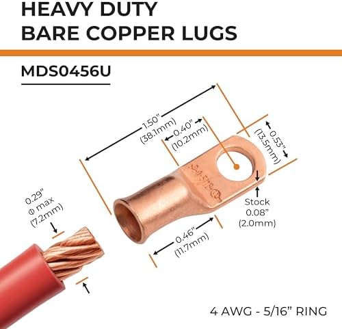 SELTERM 10pcs 4 AWG - 5/16" Stud Battery Lugs, Heavy Duty Wire Lugs, Ring Terminals, Cable Ends, 4 Gauge Terminals, UL Bare Copper Eyelets Electrical Terminal Connectors