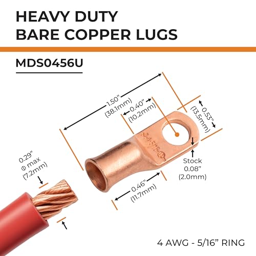 SELTERM 10pcs 4 AWG - 5/16" Stud - Battery Lugs, Heavy Duty Wire Lugs, Ring Terminals, Battery Cable Ends,4 Guage Terminals, UL Bare Copper Eyelets Electrical Battery Terminal Connectors - Thumbnail 2