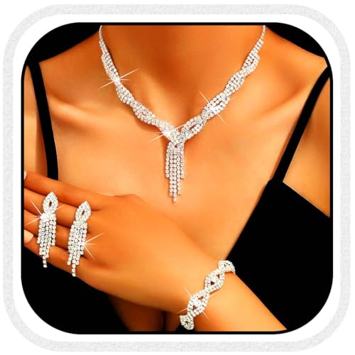 GORAIS Wedding Jewelry Sets Rhinestone Necklace Silver Bridal Prom Jewelry Set for Women and Brides