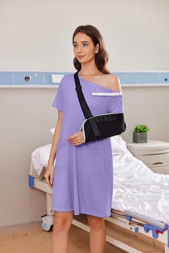 Image of Deyeek Women's Post Shoulder Surgery Hospital Gowns Tear Away Short Sleeve Full Open Side Snap Adaptive Clothing Nightgowns
