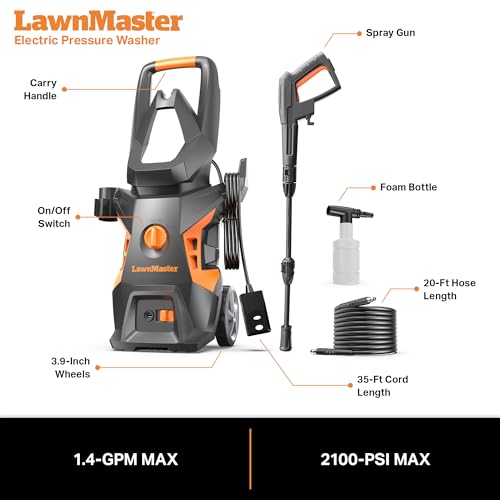 Image of LawnMaster LT306-1800C Electric Pressure Washer 13 Amp 1.4 GPM 2100 Max PSI CSA Certified with Foam Bottle