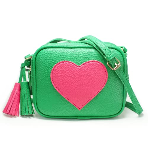 Gift for Girls Women Heart Purse Small Crossbody Bag PU Leather Roomy with Tassel and Adjustable Straps Design in Italy (Green & Rose Red)