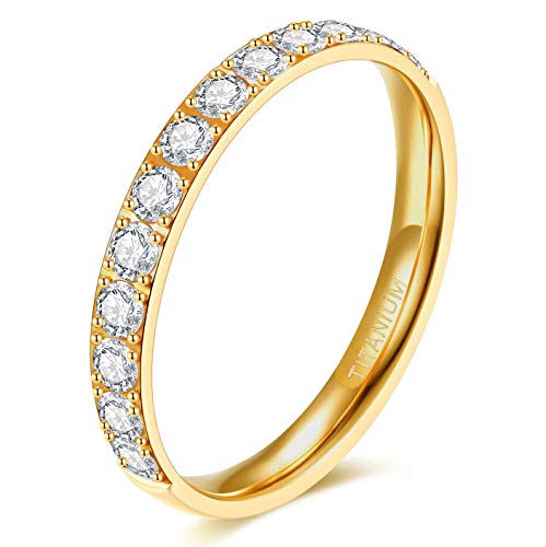 TIGRADE 3mm Womens Titanium Eternity Rings Half Cubic Zirconia Statement Wedding Engagement Band (Gold, 8)