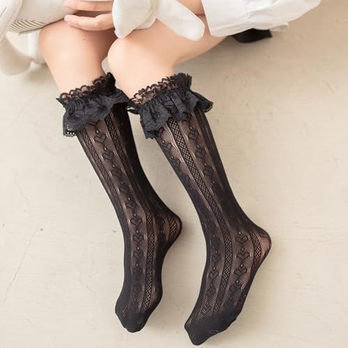 LOLANTA Girls Lace Knee High Socks 2 Pack Sheer Patterned Hollow Cute Ruffle School Stockings 5-9Years4