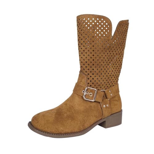 Bottines marrons en PU pour femme avec talon épais bas et zip