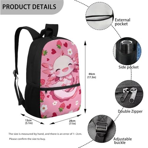Showudesigns Cute Axolotl Backpack for School Girls Elementary School Bag and Lunch Bag Set Pencil Case 3 In 1 Pink Strawberry Bookbag Preschool Middle School Back Packs Kids Child Satchel Daypack3