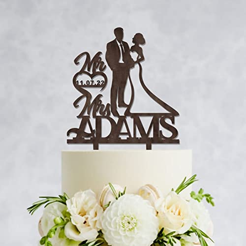 Junelucky Customized Last Name Wedding Cake Topper Rustic Wood Brown,Mr & Mrs Personalised Wedding Cake Topper,Groom Bride Silhouette Cake Topper For Engagement Wedding Anniversary Party Decoration #TOP1