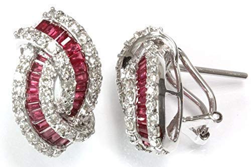 3.4 Ct Tw Natural Red Ruby & Diamond Solid 14K White Gold Omega Back Braided Twisted Dro Earrings For Women 20 Mm - July Birthstone #TOP19