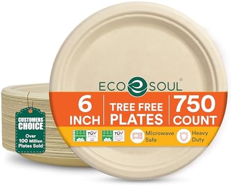 ECO SOUL 100% Compostable 6 Inch Paper Plates [750-Pack] Disposable Party Plates I Heavy Duty Eco-Friendly Dinner Plates Disposable I Biodegradable Unbleached Sugarcane Eco Plates