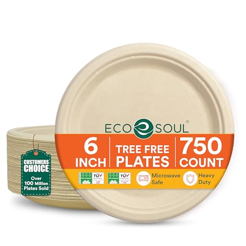 ECO SOUL 100% Compostable 6 Inch Paper Plates [750-Pack] Disposable Party Plates I Heavy Duty Eco-Friendly Dinner Plates Disposable I Biodegradable Unbleached Sugarcane Eco Plates