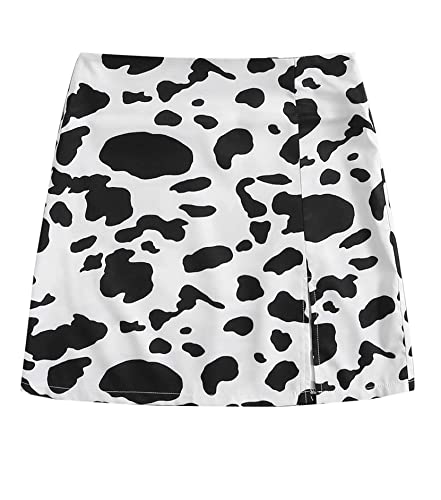 Falainetee Women's High Waist Zip Side Colorblock Cow Print Party Bodycon Mini Skirt White L