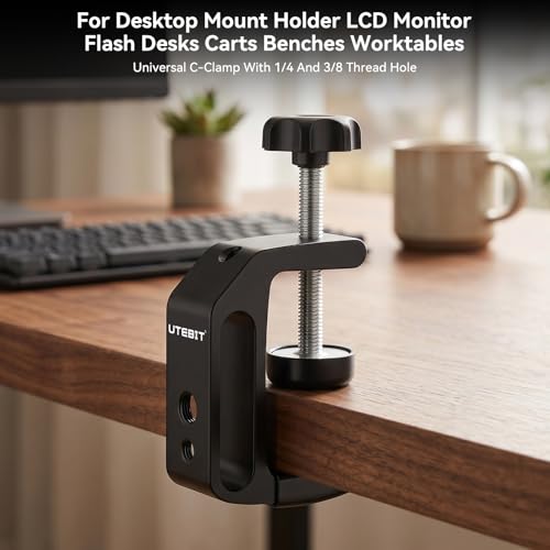 Image of UTEBIT Universal C-Table Clamp with 1 /4 inch and 3 /8 inch Thread, Aluminum Support Clamp Desktop Mount Holder for Range 0.36 inch-2 inch, Versatile Desk Clamp for LCD Monitor Flash Carts Benches Worktables