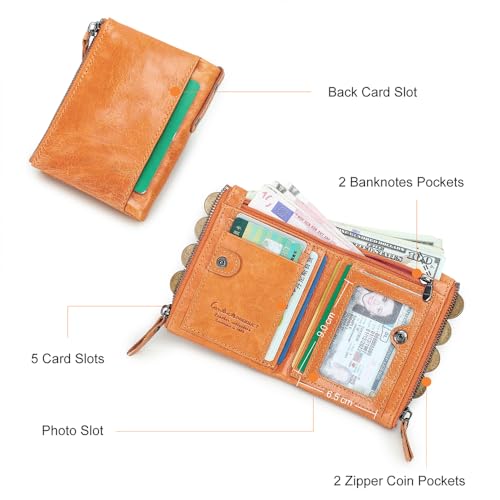 Image of CONTACTS Soft Leather Wallet for Women Small Bifold Coin Purse Double Zipper Card Holder with RFID Blocking (Light Orange)