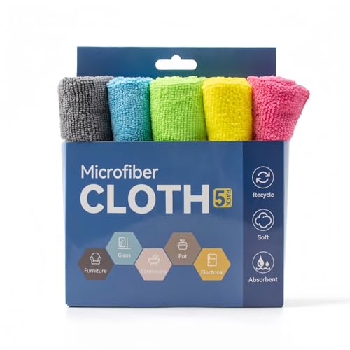 Microfiber Cleaning Cloth, 5 Pcs 12x12 inch High Performance towels- 2000 Washes, Soft Quick Drying Microfiber Towel, Reusable, Microfiber Towels for Cars Kitchen Garage House Office(5 colors mixed)