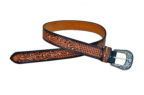 Western Genuine Leather Floral Tooled Casual Jeans Belt With Removeable Buckle 30AB1073