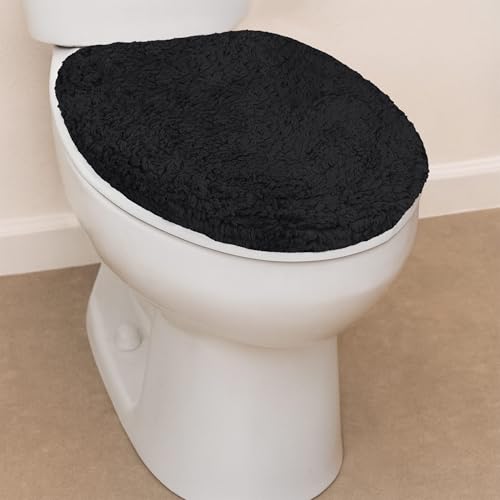 Home Weavers Waterford Collection 100% Cotton Tufted Bath Rug, Extra Soft and Absorbent Bath Rugs, Non-Slip Plush Bath Carpet, Machine Wash, Bath Mat for Bathroom, 18"x18" Lid Cover, Black