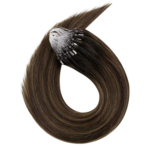 LaaVoo 22inch Micro Loop Hair Extensions Micro Ring Long Straight Remy Human Hair Ombre Color Darkest Brown Mixed with Ash Brown Silicone Micro Beads Stick Tip Hair Extensions 50g/50s#2/8/2