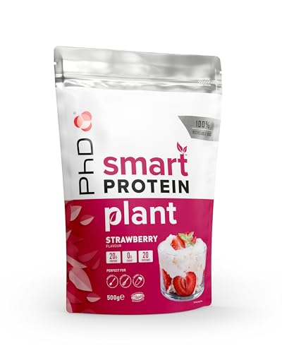 PhD Nutrition Smart Protein Plant Pulver, Protein Pulver vegan 500g Erdbeere - 20g Proteine, Zucker- und kalorienarmer Protein Shake, Eiweißpulver auch zum Backen ideal geeignet