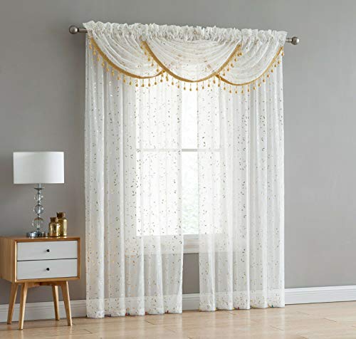 Luxury Home Textiles Adeline 5 Piece Curtain Set with Beaded Austrian VALANCES (Beige/Gold)
