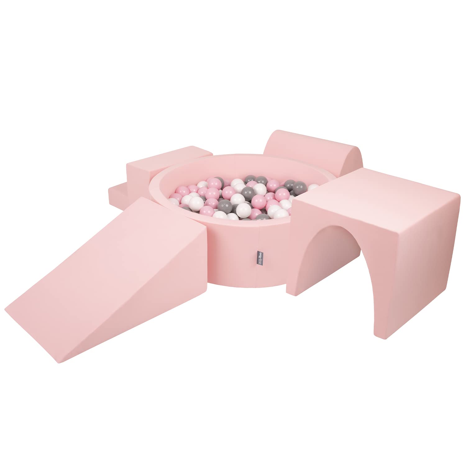 KiddyMoon Foam Playground For Kids With Round Ballpit (300 Balls ∅ 7Cm/2.75In) Soft Obstacles Course And Ball Pool, Made In EU, Pink:White/Grey/Powder Pink