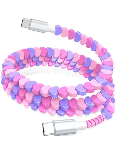 Image of USB C to USB C Cable 3FT,60W Fast Charging Beaded Charger Cord for iPhone 17 16 Pro Max 15 /iPad Pro 11th Air for Samsung S26 S25 S24 A16 A17 /Android Phone Charger Cute Girls Women,PurplePink-Hearts