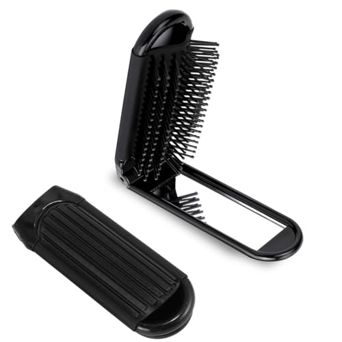 Mini-Reise-Haarbürste, klein, faltbar, kompakt, mit Spiegel und Nylonborsten, tragbarer Kamm für Turnbeutel, Geldbörse, Schließfach für Damen und Herren, Schwarz, 1 Stück