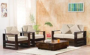 Mamta Furniture Solid Sheesham Teak Wood Sofa Set 4-Person Sofa For Living Room Home Furniture, Wooden Sofa Set 2+1+1, Without Pillow Off White Cushions- Walnut Finish