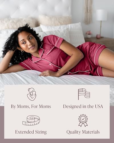 Kindred Bravely Clea Classic Short Sleeve Maternity & Nursing Pajama Set (Deep Berry, Medium)