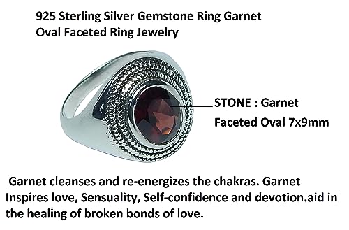 Image of 925 Sterling Silver Gemstone Ring Garnet Oval Faceted Ring Jewelry Vintage Silver Ring Statement Ring Beautiful Ring Gift For Her Designer Ring