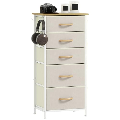 HOMCOM Kommode Kommode für Schlafzimmer mit 5 Stoffschubladen Hoher Aufbewahrungsschrank mit 4 Taschen, 2 Haken und Stahlrahmen für Wohnzimmer, Flur, Beige