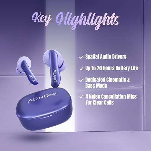 Image of ACwO Dwots 111 in Ear Wireless Earbuds|Up to 75Hrs Battery Life|10Mm Spatial Drivers|Noise-Free Calls with 4 Noise Cancellation Mics|Bluetooth V5.4|Dedicated Cinematic & Bass Mode (Irish Purple)