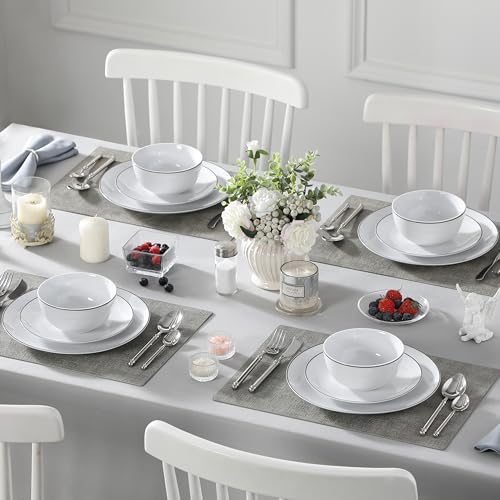 Image of MALACASA 12 Pieces Gourmet Porcelain Dinnerware Sets, Modern White with Black Rim Dish Set for 4, Premium Serving Plates and Bowls Sets, Chip and Scratch Resistant Dishware Sets, Series AMELIA