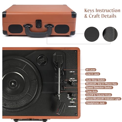 Image of Vinyl Record Player 3-Speed Bluetooth Suitcase Portable Belt-Driven Record Player with Built-in Speakers RCA Line Out AUX in Headphone Jack Vintage Turntable Brown