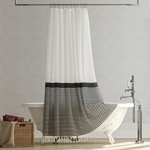Dynamene Modern Farmhouse Fabric Shower Curtain Boho Black and White Striped Cloth Bathroom Shower Curtain with Tassels, Hotel Luxury Decorative Shower Curtain Set with 12 Hooks - 72x72 by Dynamene - Used condition - Image 7