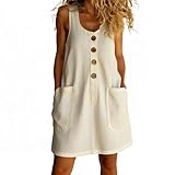Women Summer Casual Dress Sleeveless Midi Tank Sundress with Pockets V Neck Buttons A Line Cotton Tshirt Dresses Beige-M
