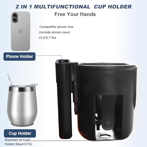 Image of WHLICKS 2-in-1 Walker Cup Holder with Reversible Phone Holder,Fit for Wheelchair, Rollator, Scooter, Bike, Mobility, Camper, Stroller with Sturdy,Rotatable,Adjustable and Anti - Slip Clip