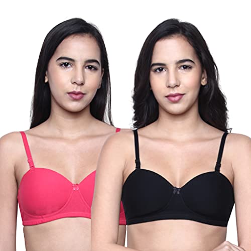 Image of INKURV Cotton Rich Padded T-Shirt Bra for Women, Seamless, Non-Wired with Detachable Straps, Sweet Heart Neckline, Everyday Bra 3 /4th Coverage with no spillage- ROMI Combo of 2