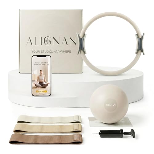 ALIGNAN Pilates Kit for Home Workouts with 14” Pilates Ring Pilates 8” Mini Ball with and 3 Booty Bands Set, Pilates Essentials Kit for Women with Guided Workout Video, Home Pilates Equipment, Beige