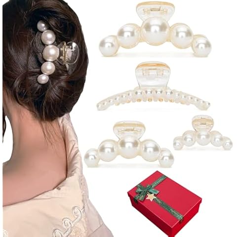 Agirlvct Pearl Hair Clips with Gift Box,Large Small Hair Claw Clip Strong Hold,Big Banana Jaw Clip Barrettes Nonslip,Birthday Anniversary Valentine's Day Gift for Women Girl Thick Thin(4 Size) Cover