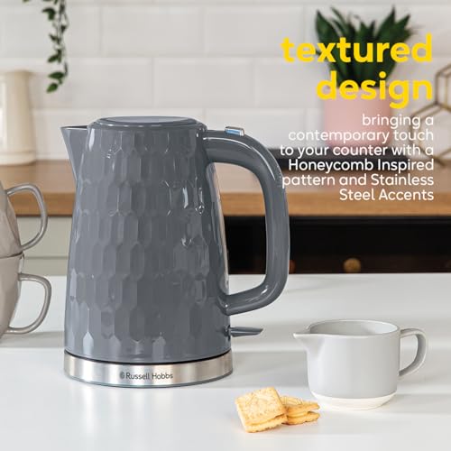 Russell Hobbs Honeycomb Electric 1.7L Cordless Kettle (Fast Boil 3KW, Grey premium plastic, matt & high gloss finish, Removable washable anti-scale filter, Push button lid, Perfect pour spout) 26053
